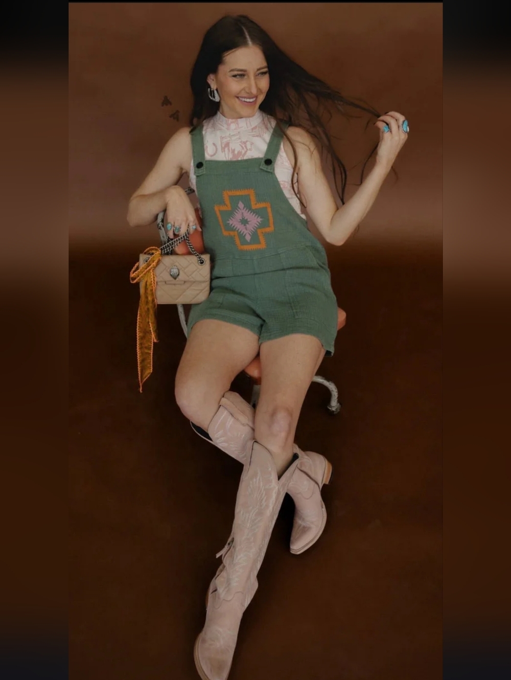 2 Fly Co Painted Mesa Green Western Short Overalls Romper Small NWT